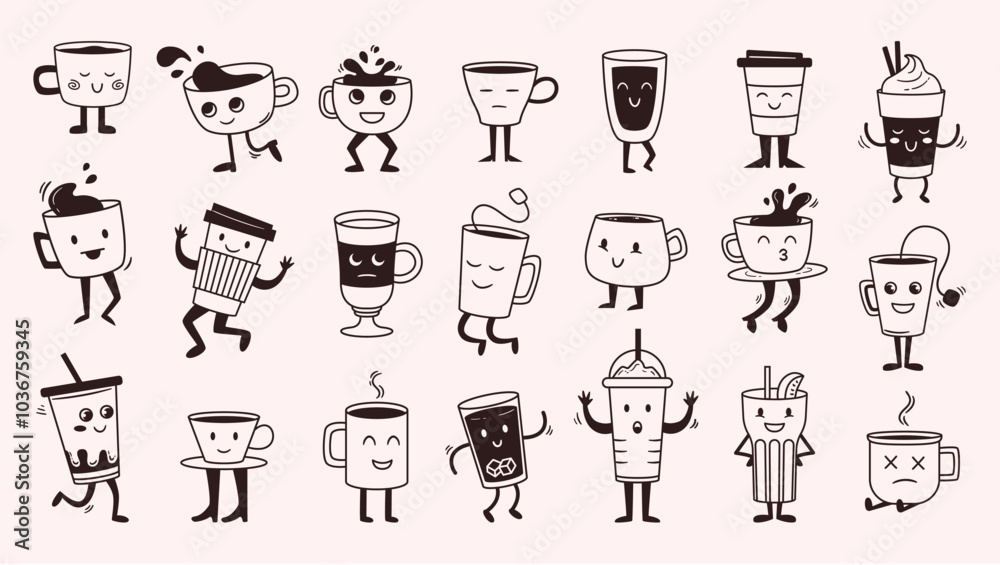 Doodle cup mascots. Cute tea and coffee mug characters for coffee shop drinks menu branding. Funny espresso, cappuccino and latte cups with faces. Playful beverage hand drawn vector illustration set. Doodle cup mascots. Cute tea and coffee mug characters for coffee shop drinks menu branding. Funny espresso, cappuccino and latte cups with faces. Playful beverage hand drawn vector illustration set.