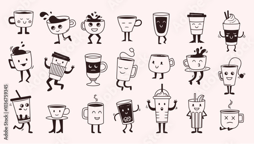 Doodle cup mascots. Cute tea and coffee mug characters for coffee shop drinks menu branding. Funny espresso, cappuccino and latte cups with faces. Playful beverage hand drawn vector illustration set.