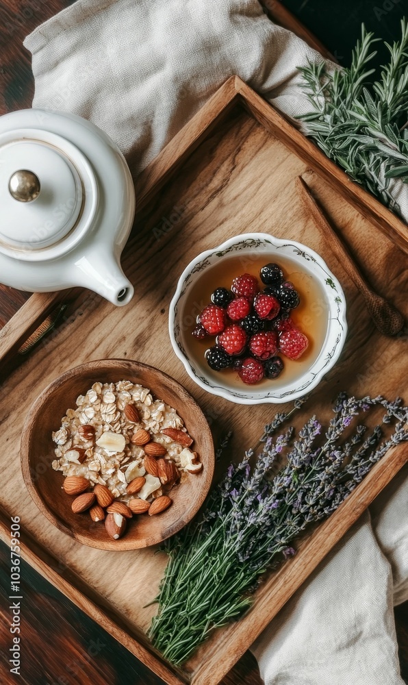 Breakfast tray with tea, berries, oatmeal, and lavender. Breakfast tray with tea, berries, oatmeal, and lavender.