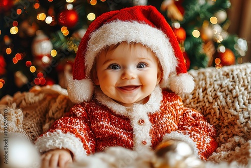 Baby girl wearing santa hat smiling in front of christmas tree lights