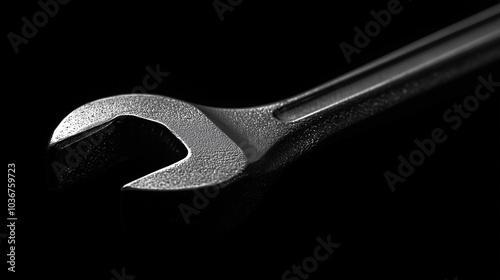 A detailed view of a metallic wrench showcases its sleek design and intricate texture, creating a striking contrast against a dark backdrop. photo