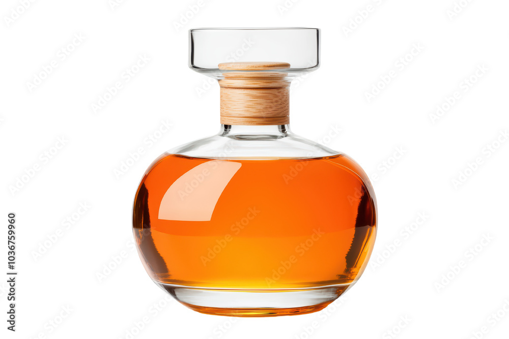 Elegant glass decanter filled with amber liquor against a white isolated background. isolated on transparent background. Elegant glass decanter filled with amber liquor against a white isolated background. isolated on transparent background.