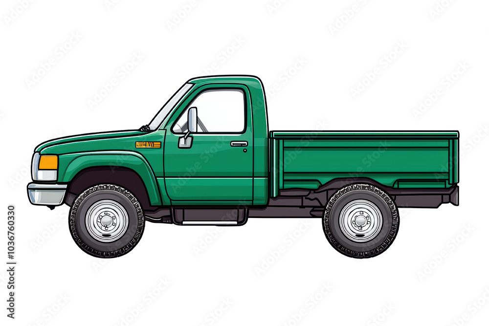 Green pickup truck, side view, isolated on white background. isolated on transparent background. Green pickup truck, side view, isolated on white background. isolated on transparent background.