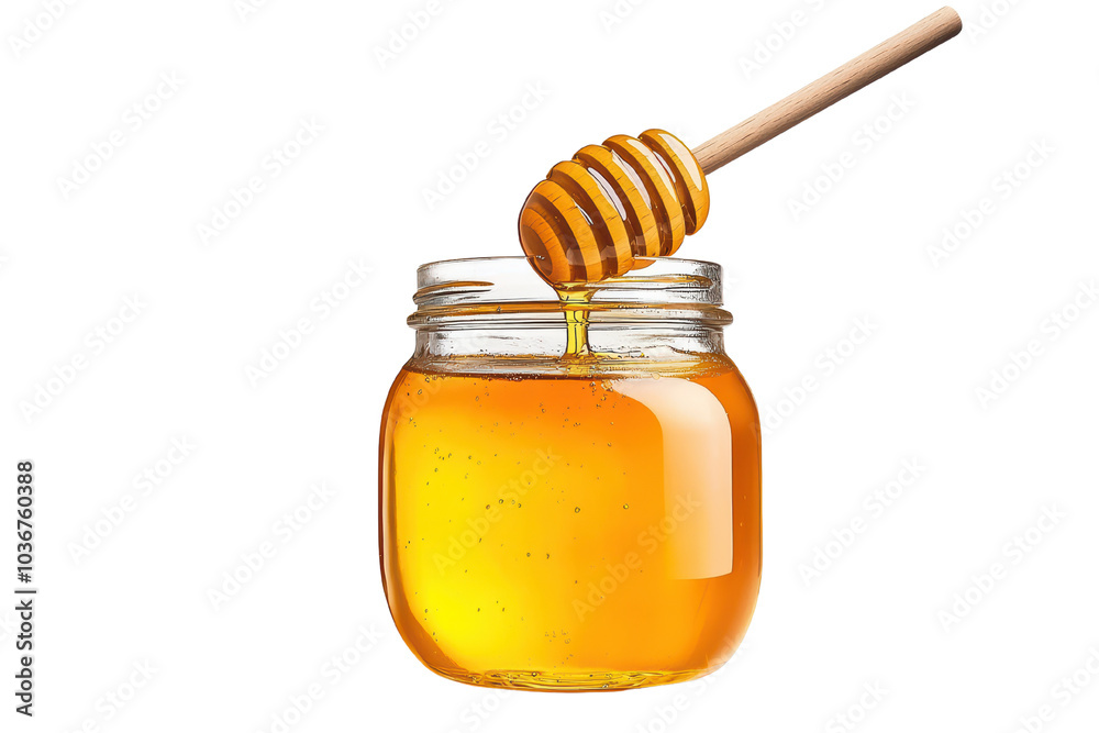 Honey in a jar with a wooden dipper against a white background. isolated on transparent background. Honey in a jar with a wooden dipper against a white background. isolated on transparent background.