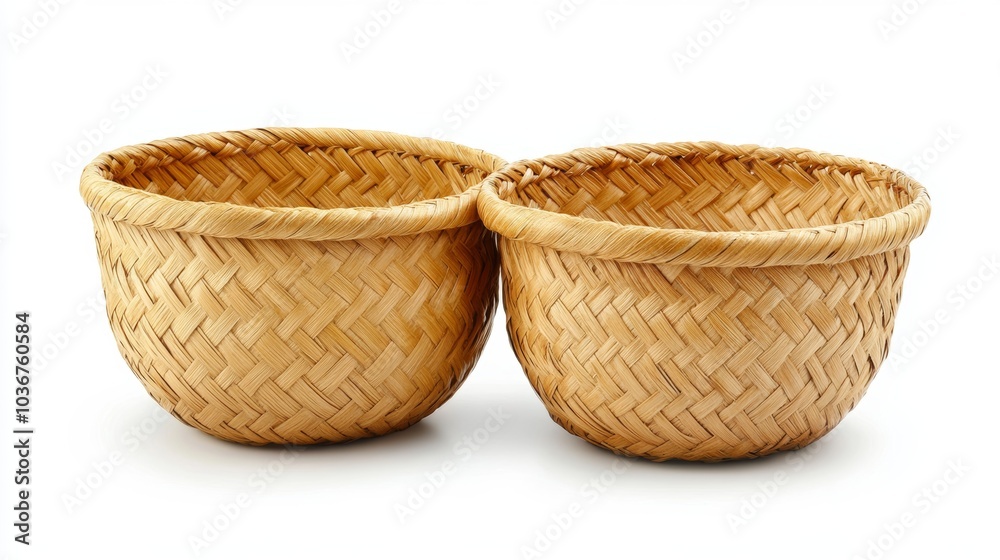 Two Woven Rattan Baskets Isolated on White Background Two Woven Rattan Baskets Isolated on White Background