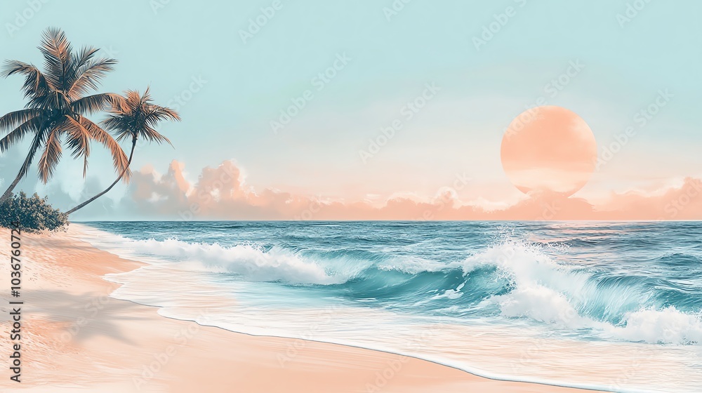 Fototapeta premium Serene tropical beach with palm trees and colorful sunset over the ocean.