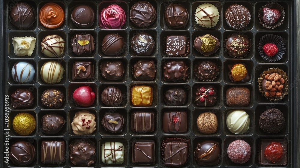 Assorted gourmet chocolate truffles in a black box. Assorted gourmet chocolate truffles in a black box.