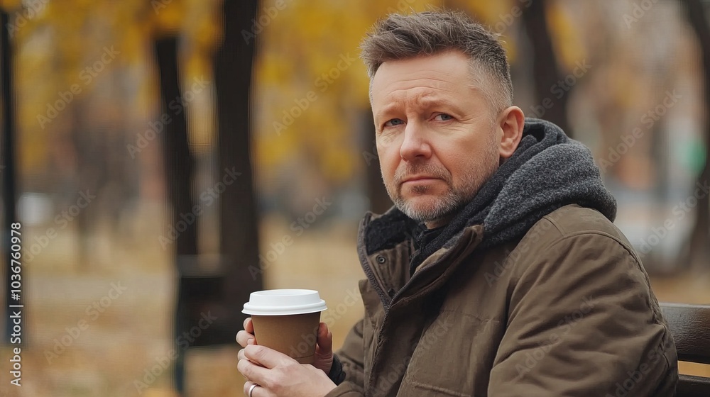 Middle-aged man with slight tremor holding cup of coffee on park bench, symbolizing struggle with Parkinson's disease, calm natural setting. Middle-aged man with slight tremor holding cup of coffee on park bench, symbolizing struggle with Parkinson's disease, calm natural setting.