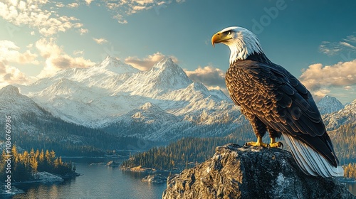 Majestic bald eagle perched on rock overlooking mountain vista photo