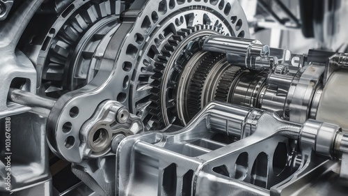 A detailed view of intricate mechanical gears and components, showcasing industrial design and engineering precision in a close-up shot.