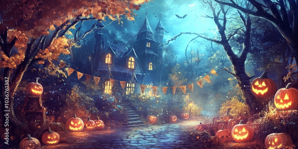 Fototapeta premium A fun Halloween party invitation with banners. Perfect for a poster or greeting card