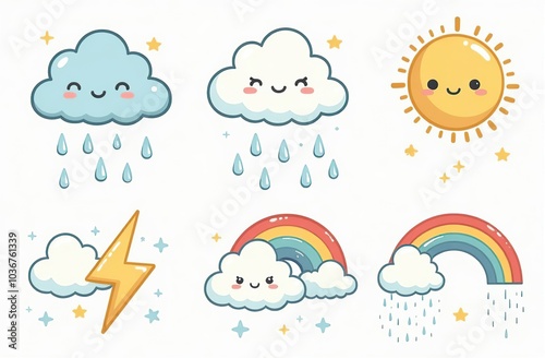 Cloud rain weather cartoon cute set. Cloud, sun, moon weather character with smile and angry face. Hand drawn doodle sketch style. Rainbow, wind, tornado doodle characte