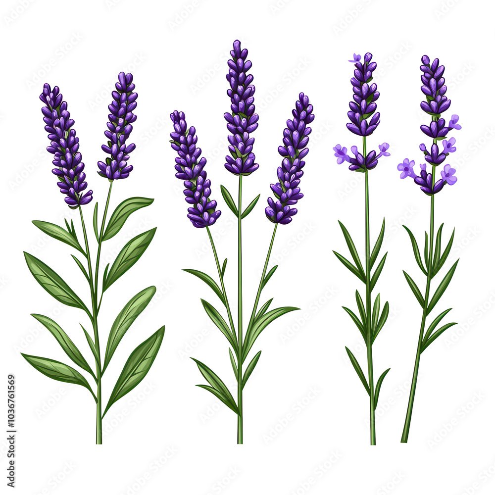 Fototapeta premium Various lavender flowers arranged with green leaves, isolated on a white background. isolated on transparent background.