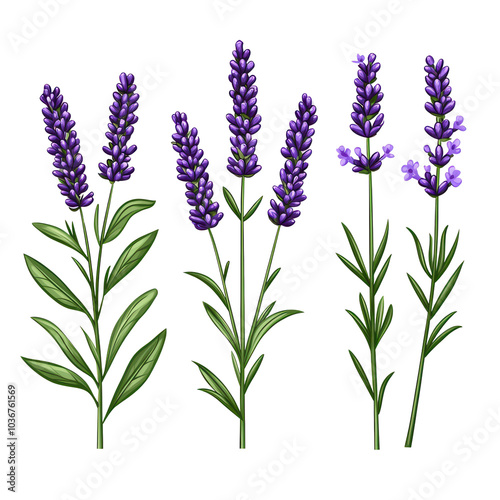 Various lavender flowers arranged with green leaves, isolated on a white background. isolated on transparent background.