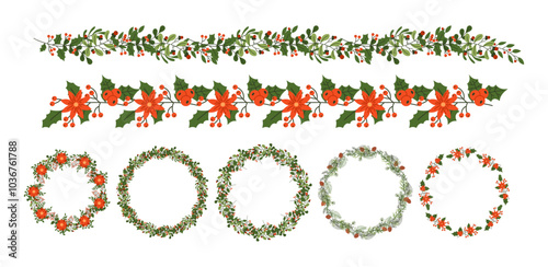 Festive garlands and wreaths flat color vector objects set. Poinsettia flowers holly leaves and berries illustrations pack on white background