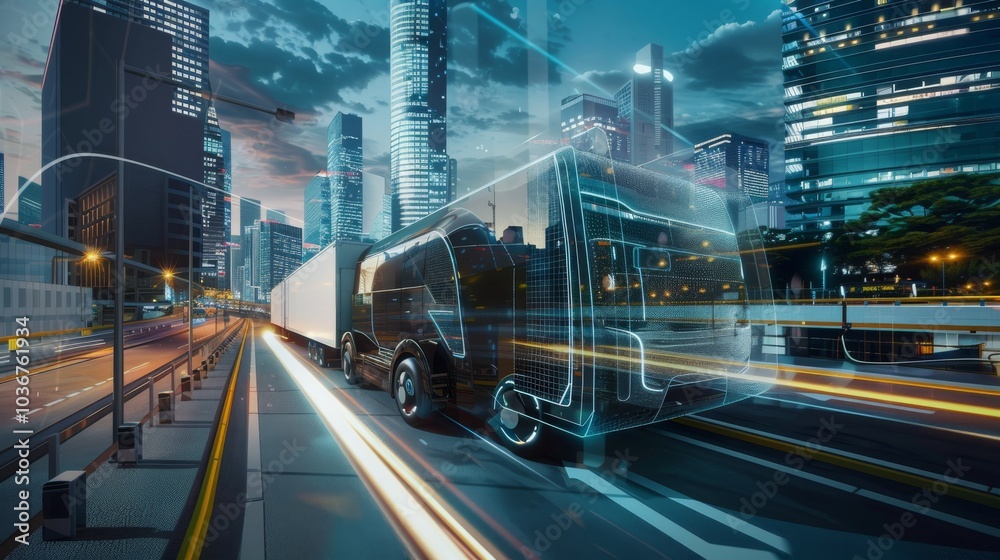 Obraz premium A high-tech autonomous truck driving through a smart city with digital infrastructure, with clear views of the truck鈥檚 design and the futuristic cityscape, Urban setting with advanced technology