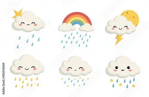 Cloud rain weather cartoon cute set. Cloud, sun, moon weather character with smile and angry face. Hand drawn doodle sketch style. Rainbow, wind, tornado doodle characte