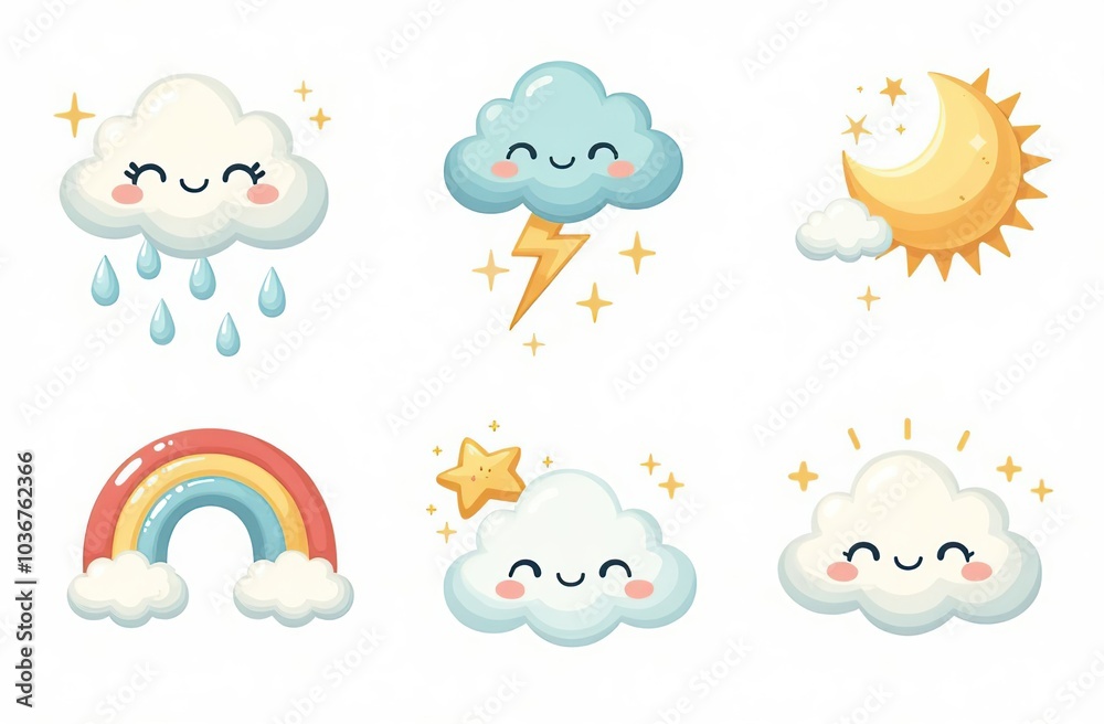 Cloud rain weather cartoon cute set. Cloud, sun, moon weather character with smile and angry face. Hand drawn doodle sketch style. Rainbow, wind, tornado doodle characte Cloud rain weather cartoon cute set. Cloud, sun, moon weather character with smile and angry face. Hand drawn doodle sketch style. Rainbow, wind, tornado doodle characte