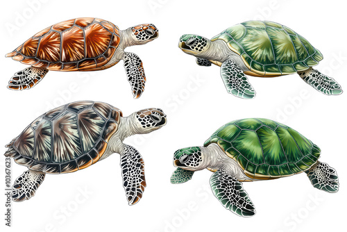 A colorful illustration of four sea turtles on a white isolated background. isolated on transparent background. photo