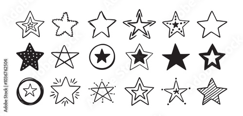 Hand drawn doodle stars set. different drawing stars isolated on white background.
