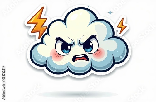  Storm cloud character with cartoon angry face. Groovy sticker with Thunder and lightning symbol. Weather icon. Emoji expression. Retro Vector illustration on white background