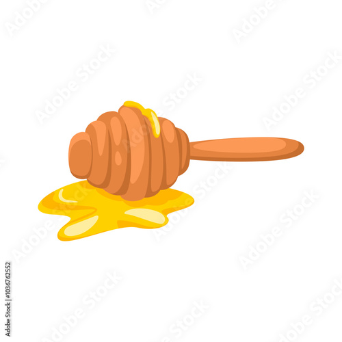 Spoon dipper with honey, wooden ladle with honey, Wooden spoon lying on a table with spilled honey. Vector illustration in cartoon.