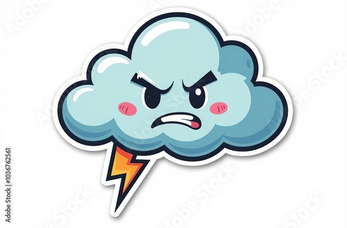  Storm cloud character with cartoon angry face. Groovy sticker with Thunder and lightning symbol. Weather icon. Emoji expression. Retro Vector illustration on white background