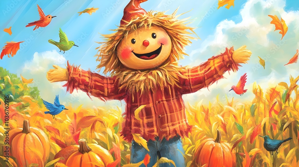 Fototapeta premium Happy Scarecrow in Pumpkin Patch with Birds
