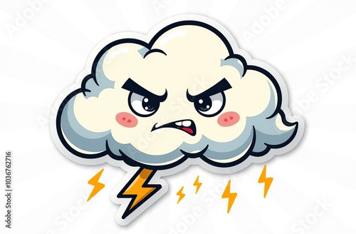  Storm cloud character with cartoon angry face. Groovy sticker with Thunder and lightning symbol. Weather icon. Emoji expression. Retro Vector illustration on white background