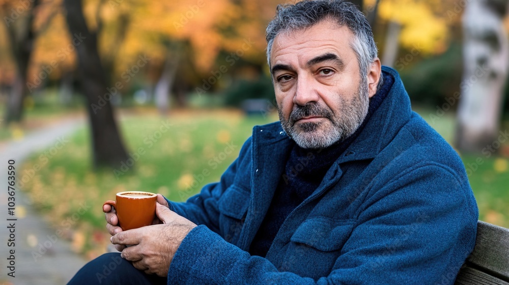 Middle-aged man with slight tremor holding cup of coffee on park bench, symbolizing struggle with Parkinson's disease, calm natural setting. Middle-aged man with slight tremor holding cup of coffee on park bench, symbolizing struggle with Parkinson's disease, calm natural setting.
