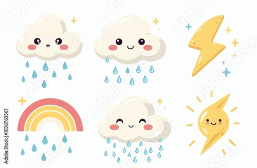 Cloud rain weather cartoon cute set. Cloud, sun, moon weather character with smile and angry face. Hand drawn doodle sketch style. Rainbow, wind, tornado doodle characte