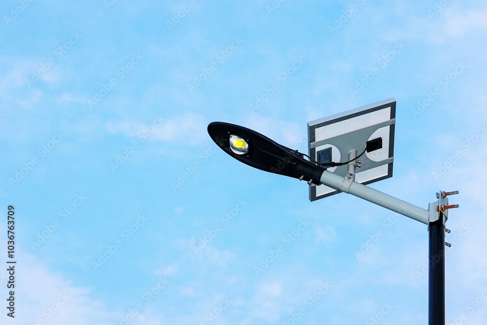 Solar panel street light on blue sky background Solar panel street light on blue sky background