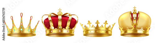 Crowns of royal family with gemstones vector illustration set. Luxury jewelry symbolizing richness and authority 3d object on white