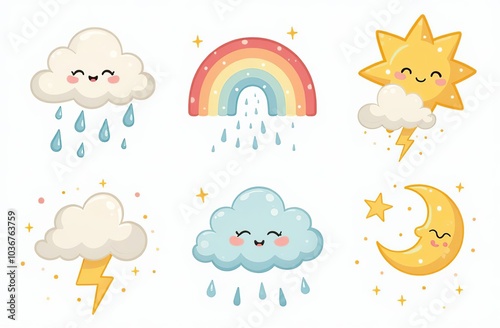 Cloud rain weather cartoon cute set. Cloud, sun, moon weather character with smile and angry face. Hand drawn doodle sketch style. Rainbow, wind, tornado doodle characte