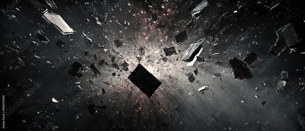 Naklejka premium Fragments Of Shattered Space Debris In The Cosmos.