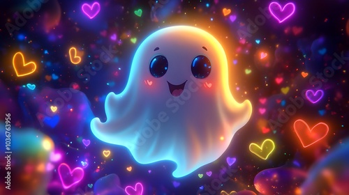 Cute Ghost with Neon Hearts  3D Cartoon Illustration