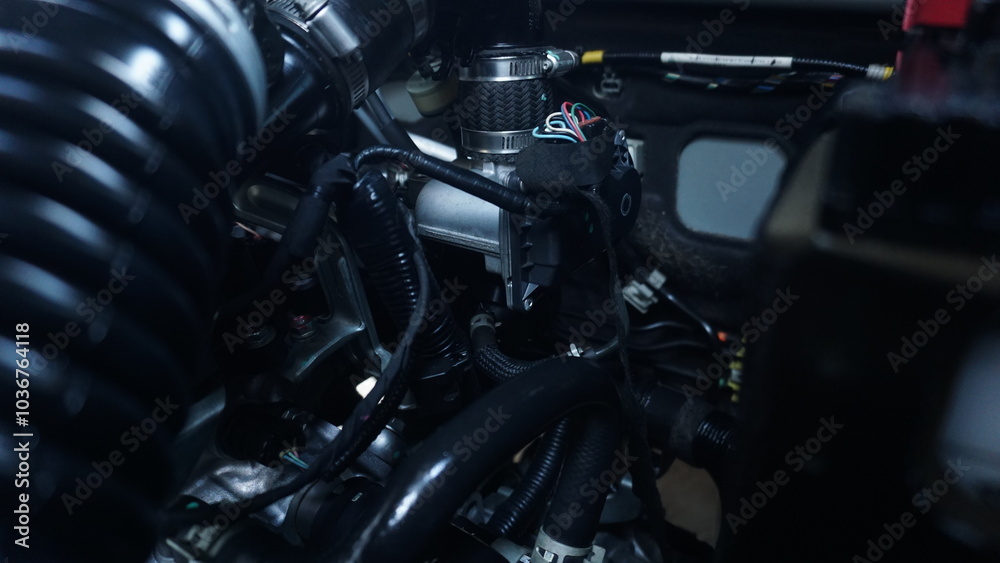 The car's engine compartment looks clean and tidy. The car's engine compartment looks clean and tidy.