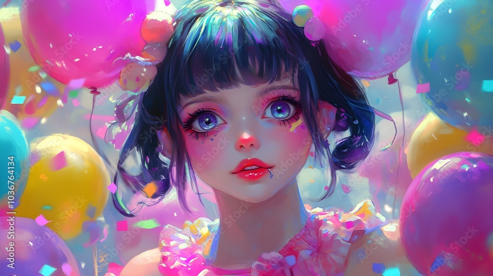 Colorful Anime Girl with Balloons and Confetti Colorful Anime Girl with Balloons and Confetti