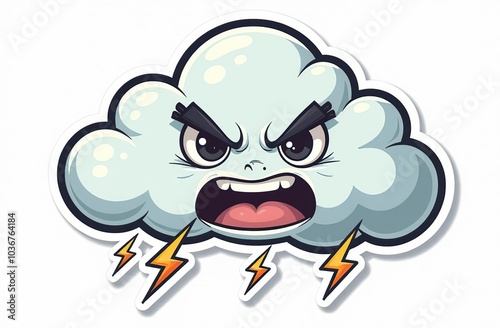  Storm cloud character with cartoon angry face. Groovy sticker with Thunder and lightning symbol. Weather icon. Emoji expression. Retro Vector illustration on white background