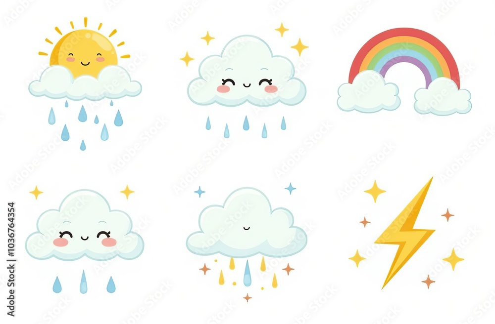 Cloud rain weather cartoon cute set. Cloud, sun, moon weather character with smile and angry face. Hand drawn doodle sketch style. Rainbow, wind, tornado doodle characte Cloud rain weather cartoon cute set. Cloud, sun, moon weather character with smile and angry face. Hand drawn doodle sketch style. Rainbow, wind, tornado doodle characte
