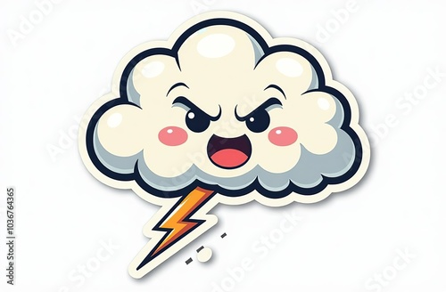  Storm cloud character with cartoon angry face. Groovy sticker with Thunder and lightning symbol. Weather icon. Emoji expression. Retro Vector illustration on white background