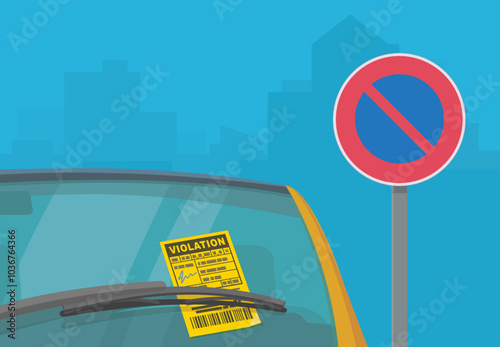 ticket affixed to the windshield of a vehicle parked in a prohibited parking area (europe,flat design)