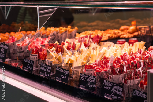 Markstand mit Wurstwaren im Market La Boqueria in Barcelona, Spanien photo