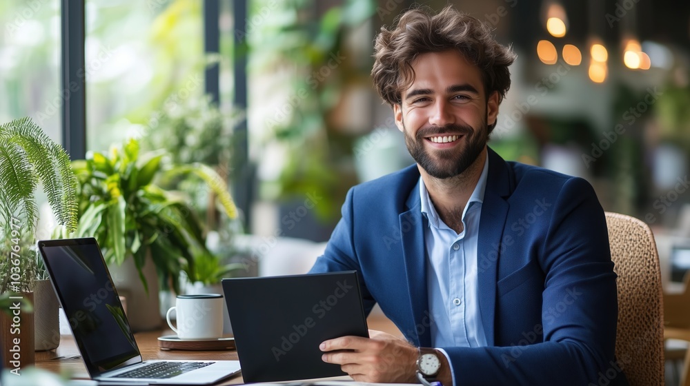 A smiling man holding a tablet in a modern, plant-filled workspace. Ideal for portraying positivity, productivity, and professionalism in a relaxed office environment. A smiling man holding a tablet in a modern, plant-filled workspace. Ideal for portraying positivity, productivity, and professionalism in a relaxed office environment.