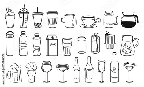 Doodle beverages. Hand drawn drinks, coffee cup, tea mug, smoothies to go, cocktails, wine glasses and bottles. Sodas, milk, cocktails and craft beers vector illustration set.