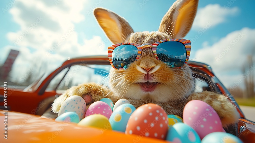 Adorable Easter Bunny in sunglasses grinning from the driver's seat of a cheerful car packed with pastelcolored Easter eggs The scene is set against a backdrop of a bright blue sky and fluffy clouds