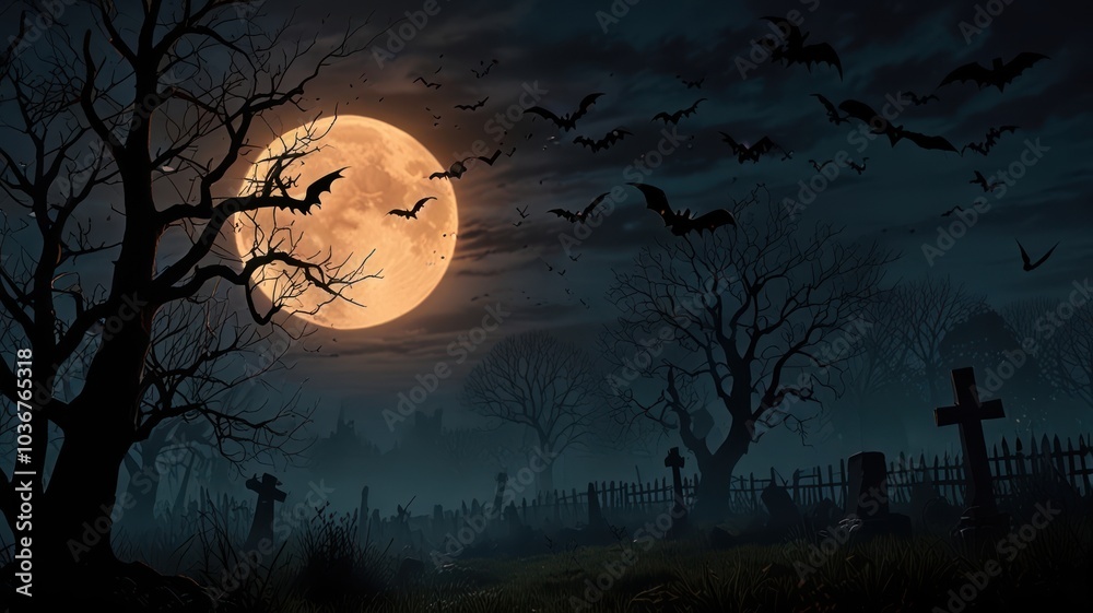 A spooky graveyard with a full moon and bats flying in the night sky. A spooky graveyard with a full moon and bats flying in the night sky.