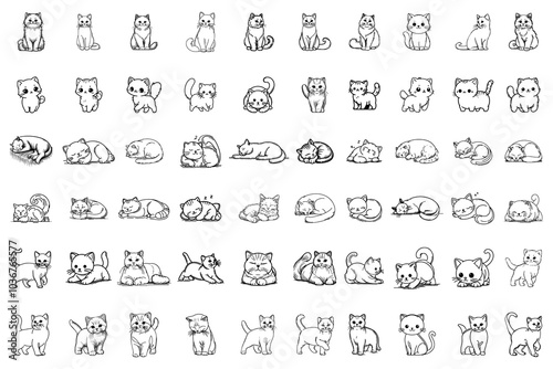 Bundle Black Line Art Style Small Pet Cat Cutie and Activity Pose Hand Drawn Illustration