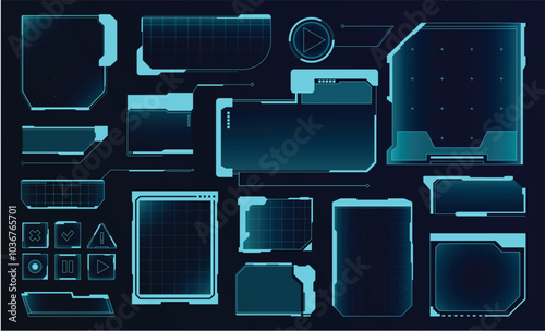 Digital hud frames. Futuristic user interface digital panels and buttons, cyber tech callout bar and Sci Fi titles box. Game menu or dashboard message window frame vector set.