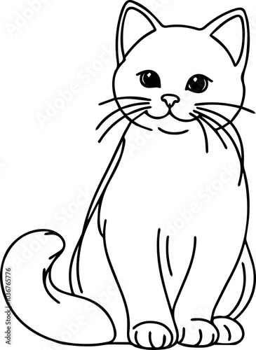 Black Line Art Style Small Pet Cat Cutie and Sitting Pose Hand Drawn Illustration